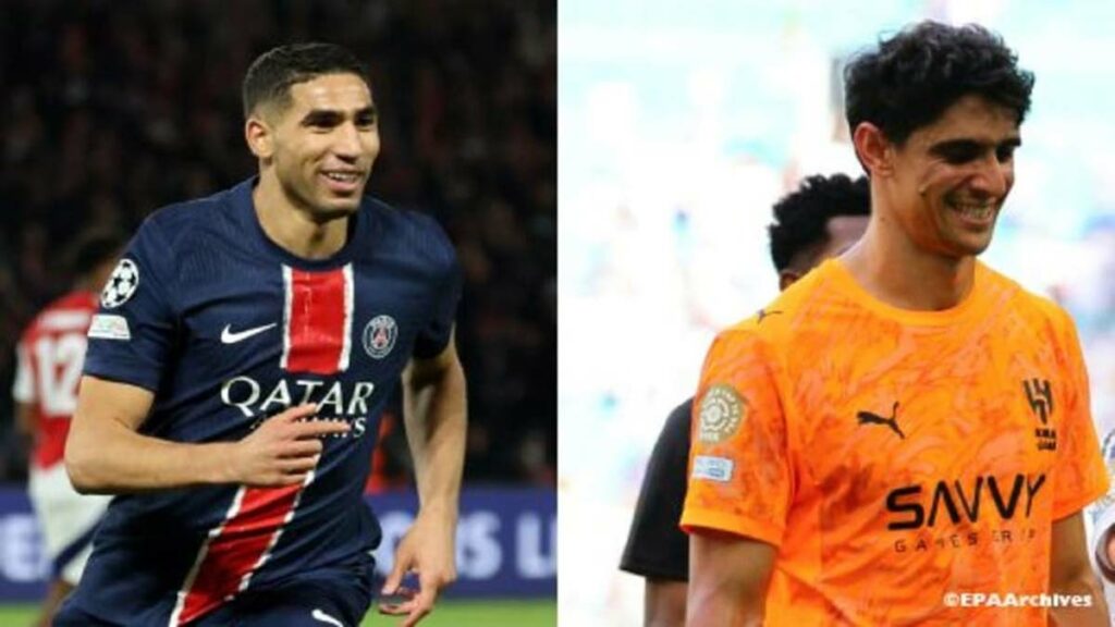 Achraf Hakimi et Yassine Bounou, deux footballeurs marocains, souriant. Ils sont les favoris pour le Ballon d’Or et le Trophée Yachine 2025.
